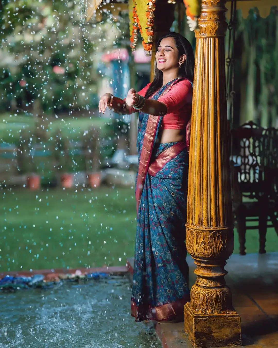 South Indian Actress Viraajita in Traditional Blue Saree Red Blouse